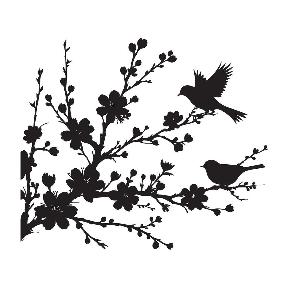 Black silhouette of flowering branches and birds silhouette on white background vector