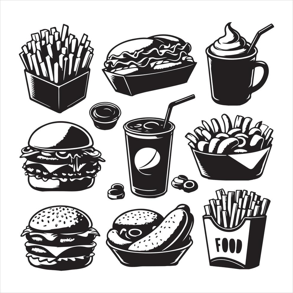 Fast food set icons silhouette on white background vector