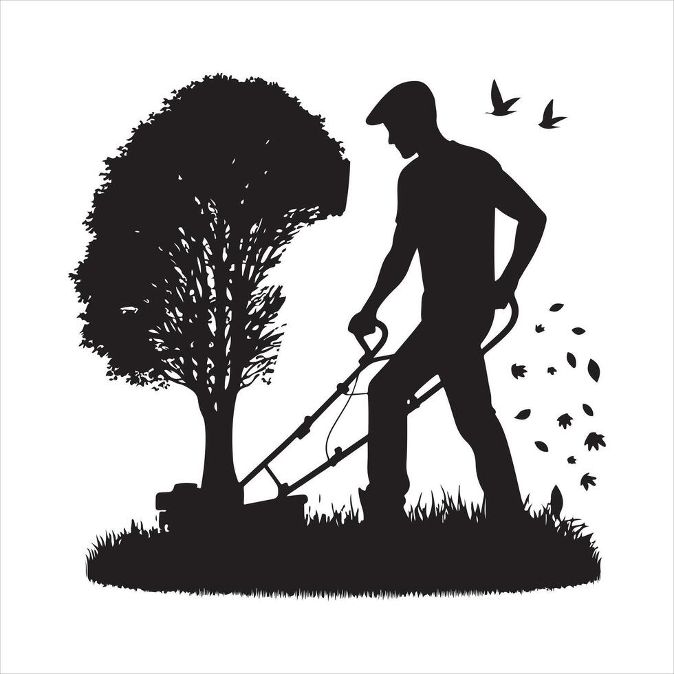 Man cut the lawn in garden in autumn or fall silhouette on white background vector