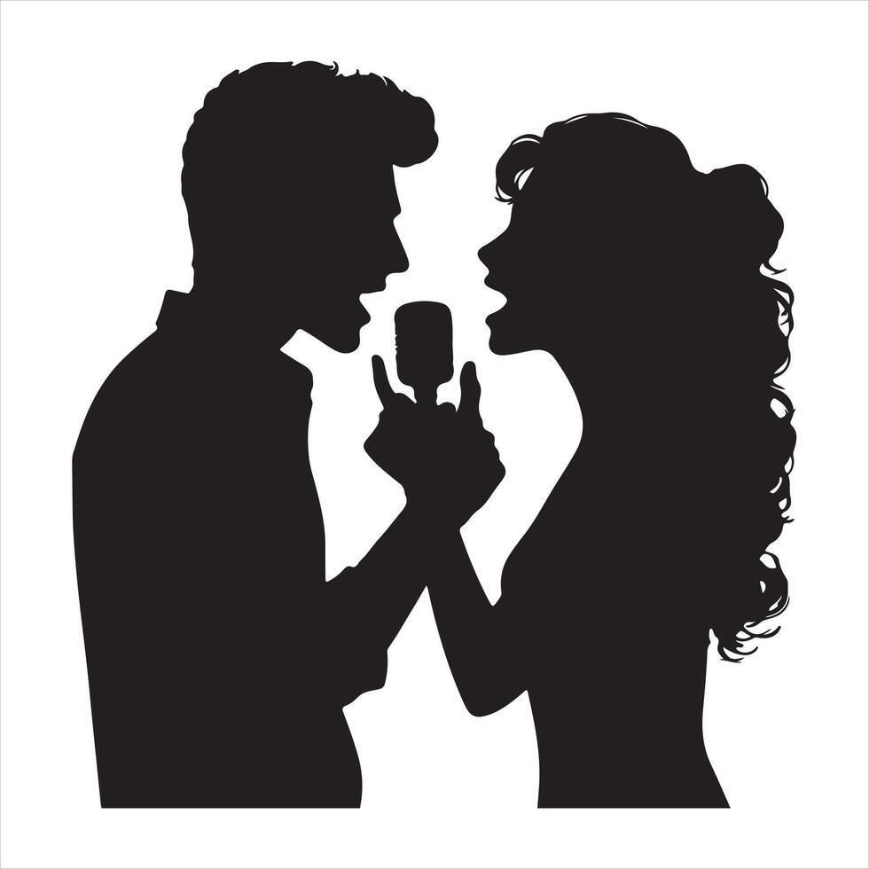 man and woman with microphone, concept art of voice and music, love and relationships silhouette on white background vector