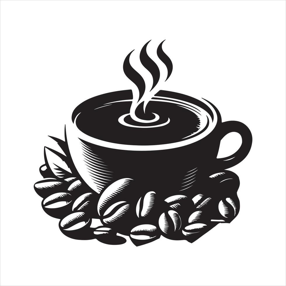 Coffee hot cup with beans icon silhouette, illustration isolated on a white background vector