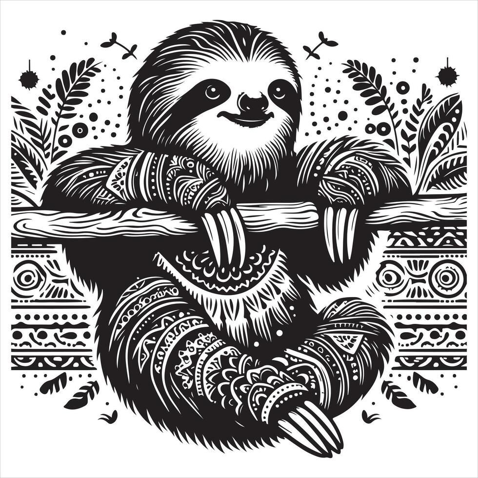Sloth in bohemian black and white silhouette on white background vector