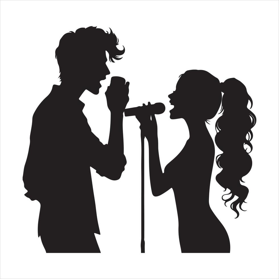 man and woman with microphone, concept art of voice and music, love and relationships silhouette on white background vector