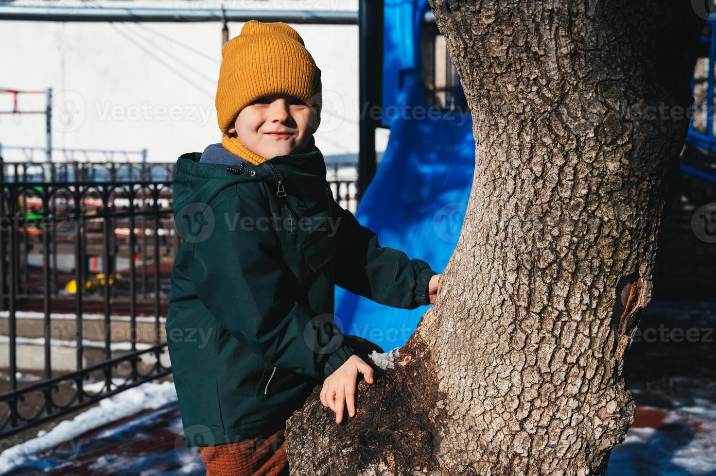 small child kid boy plays and climbs a tree on playground in autumn photo