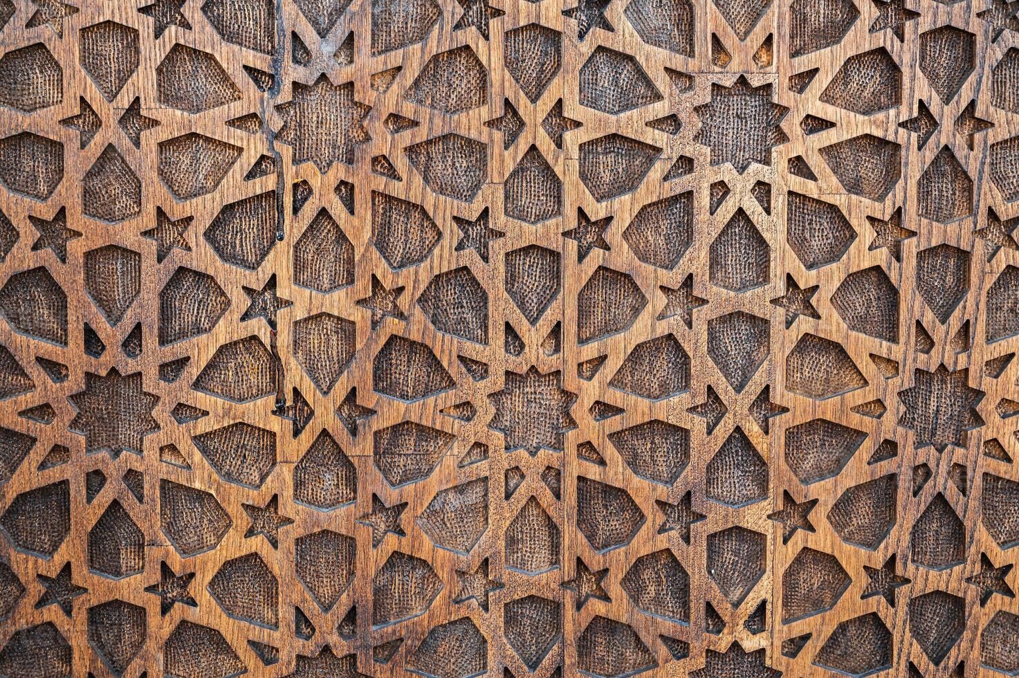 arabic Uzbek Islamic patterns ornament with stars on wooden carved door in Uzbekistan close-up photo
