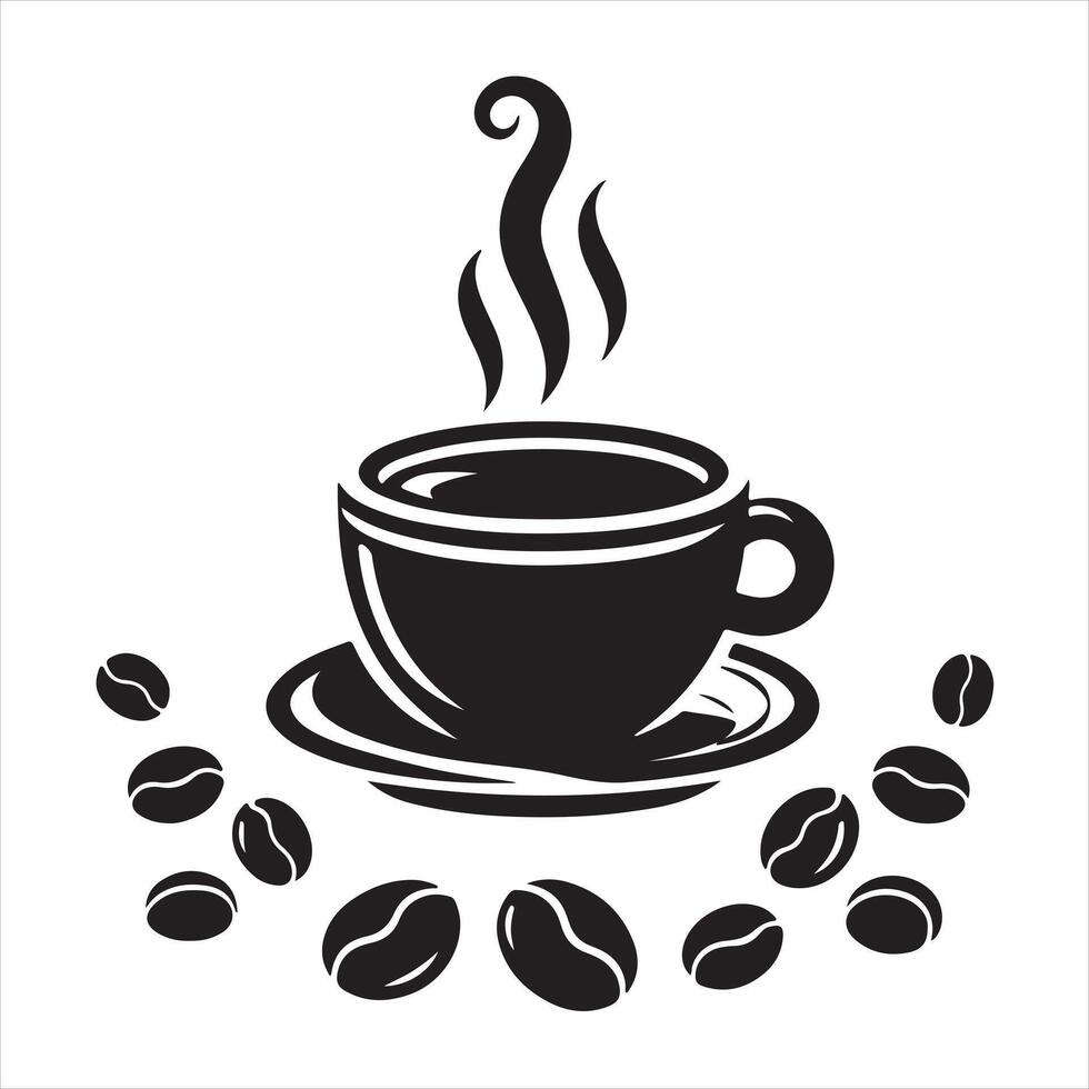 Coffee hot cup with beans icon silhouette, illustration isolated on a white background vector