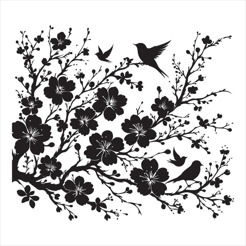 Black silhouette of flowering branches and birds silhouette on white background vector