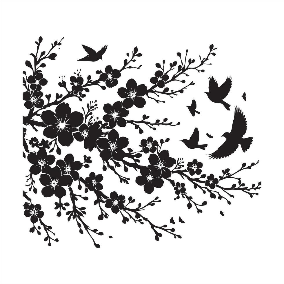 Black silhouette of flowering branches and birds silhouette on white background vector