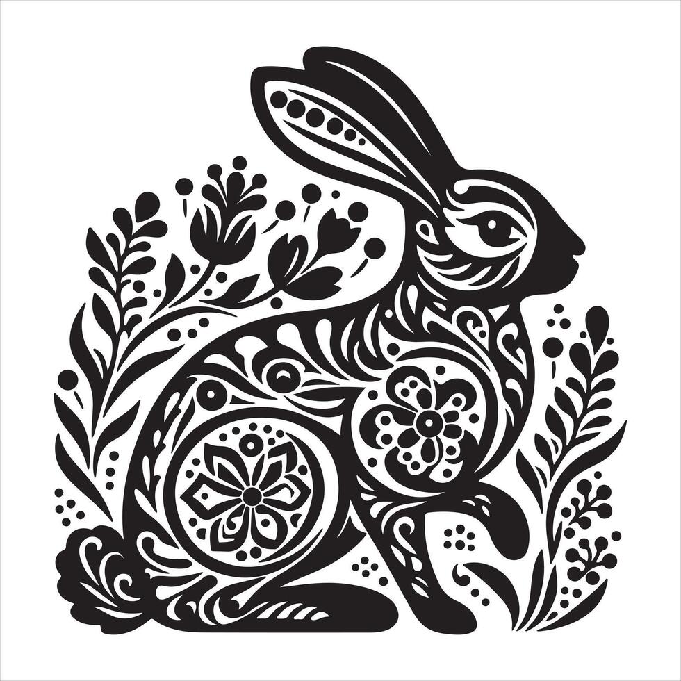 Rabbit in folk art black and white silhouette silhouette on white background vector