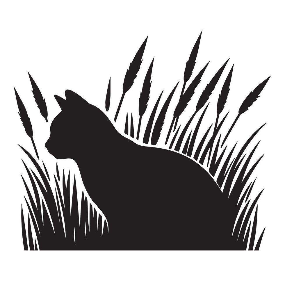 Black silhouette of a cat peeking out from a tall grass patch vector
