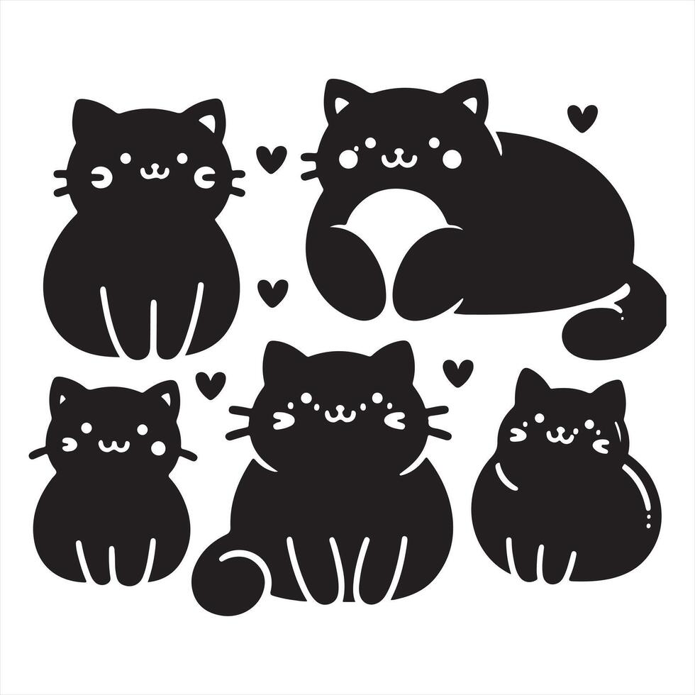 Cute Cat Bundle Illustration, Chubby Cats Cut File, Cat Lover Stencil silhouette on white background vector