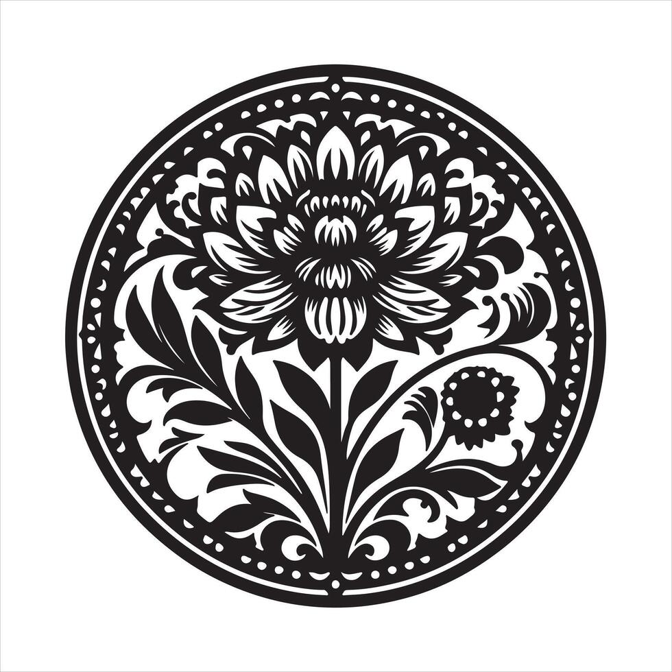 Vintage style. It is necessary to use white, a round shape. A flower should be depicted silhouette on white background vector