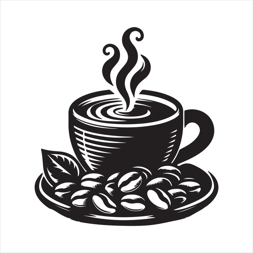 Coffee hot cup with beans icon silhouette, illustration isolated on a white background vector