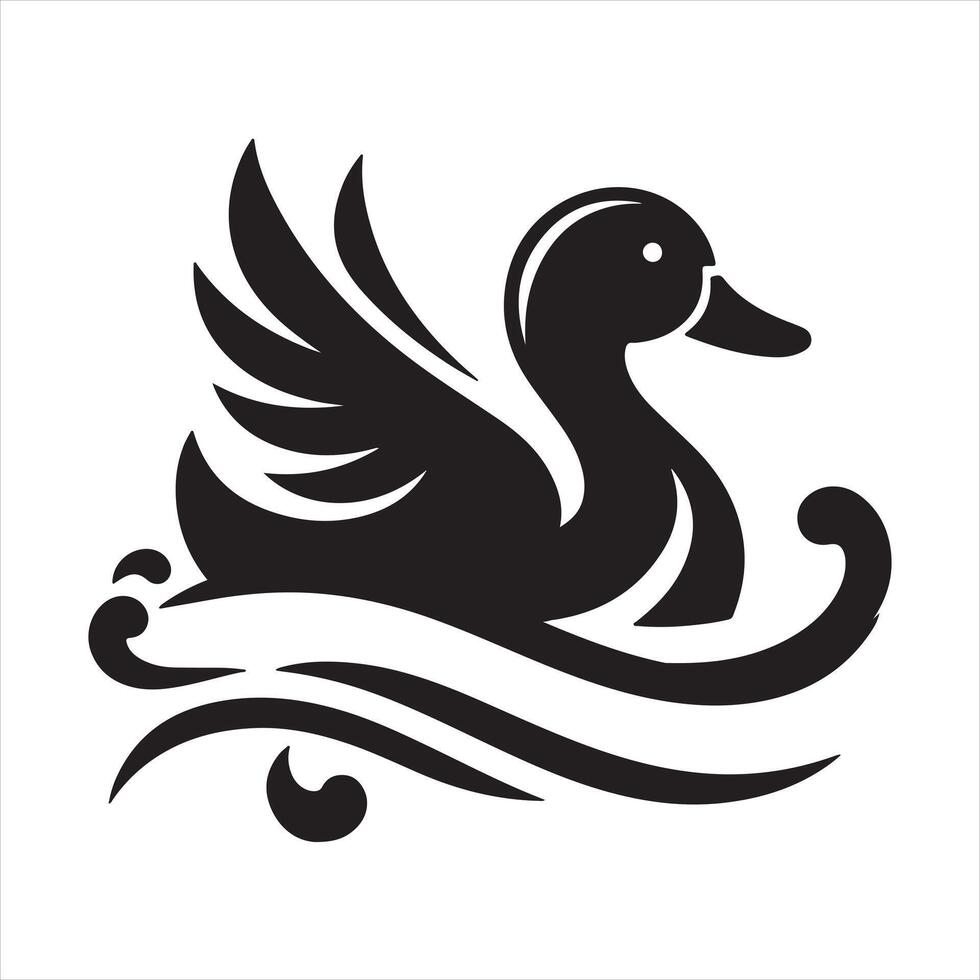 A duck swimming in water logo icon silhouette on white background vector