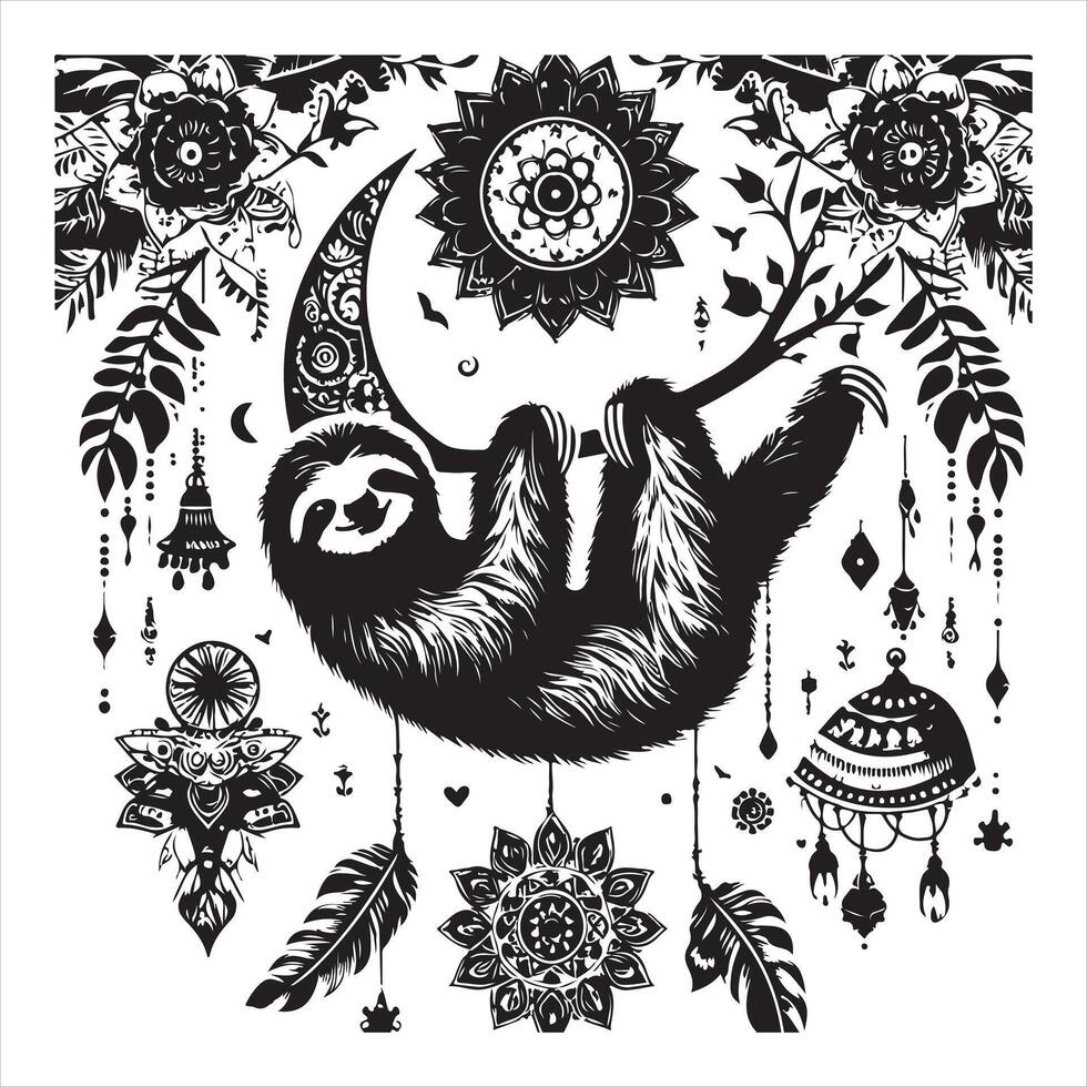 Sloth in bohemian black and white silhouette on white background vector