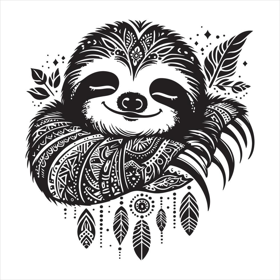 Sloth in bohemian black and white silhouette on white background vector
