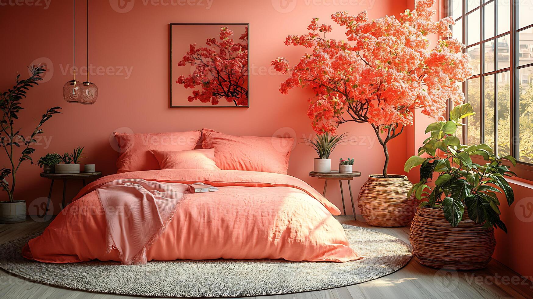 A bedroom with a pink bed, pink walls, a large window, and a pink tree. photo