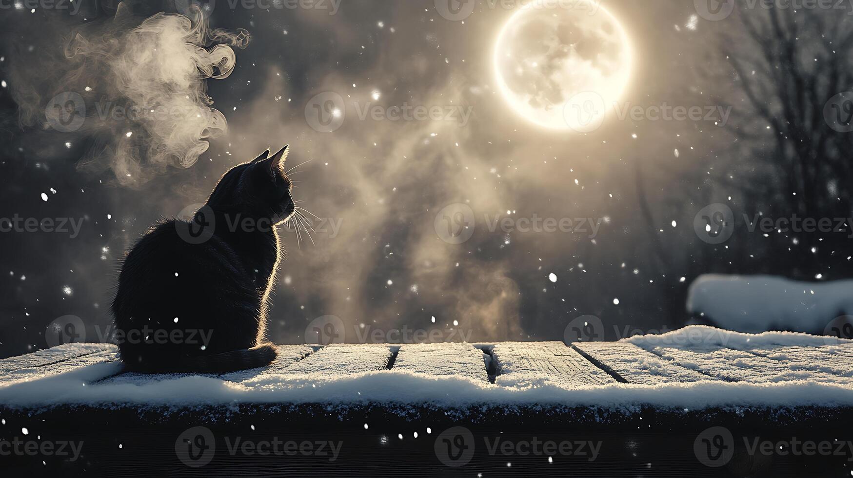 A black cat sits on a snowy wooden surface, looking up at the full moon and falling snow. photo