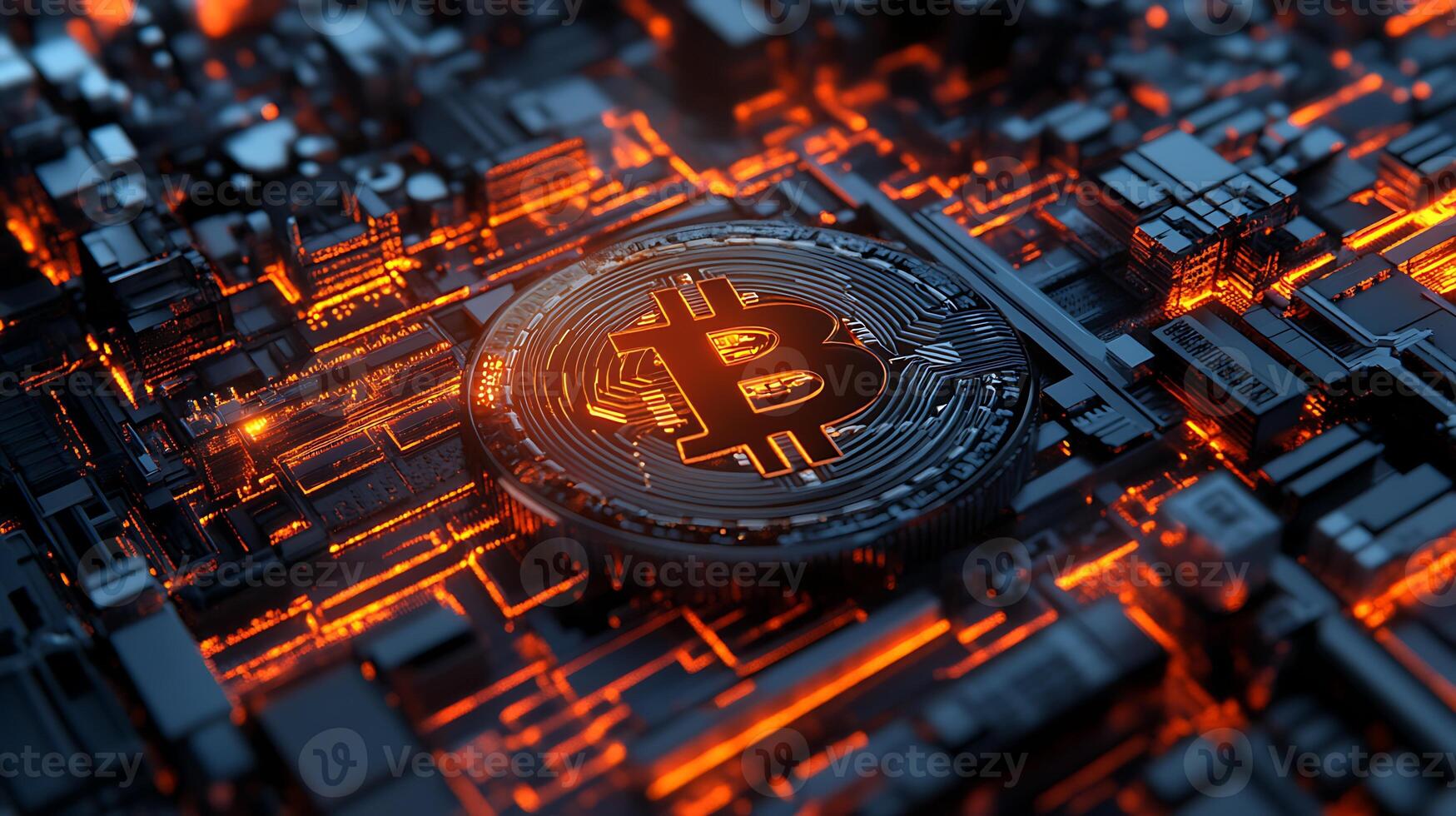A Bitcoin symbol sits on an illuminated circuit board. photo