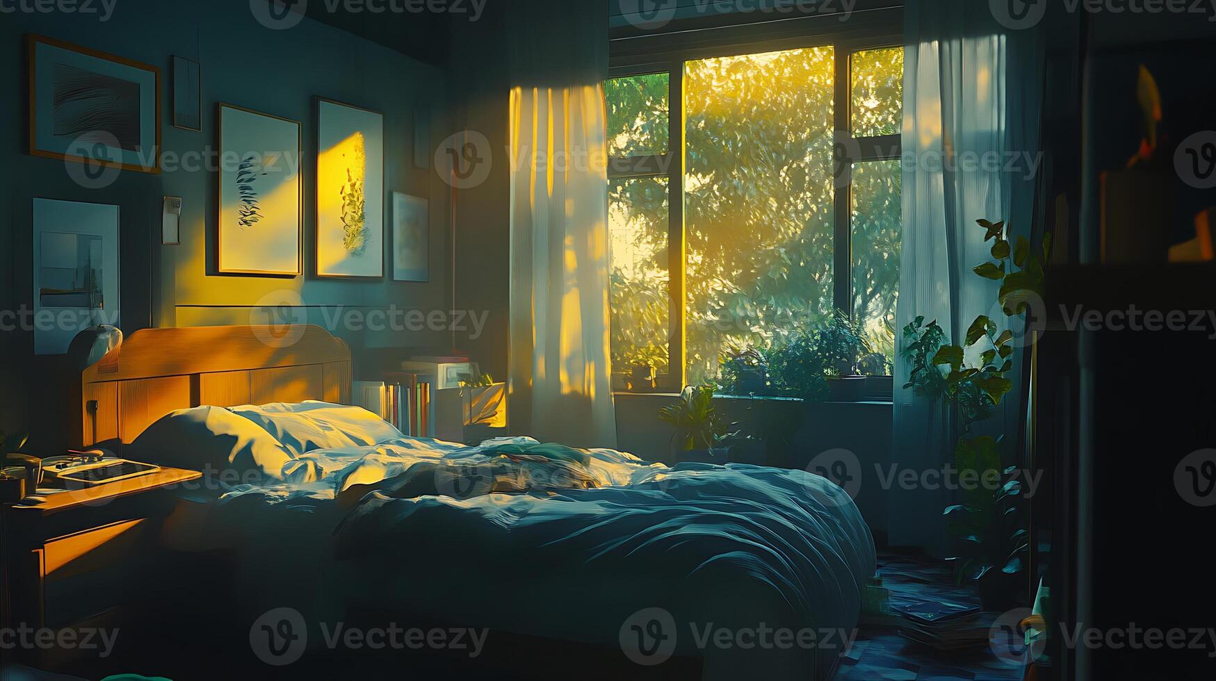 A bedroom with a bed, bedside table, and window with curtains. The sun is shining through the window, casting a warm light on the room. photo