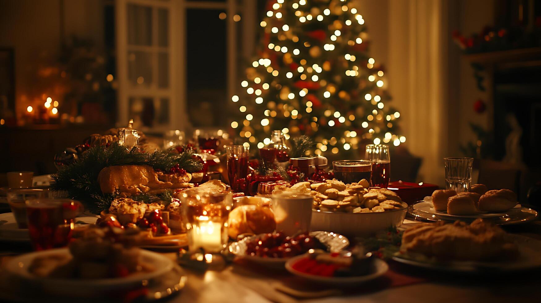 A beautifully decorated Christmas table with a variety of food and drinks, set against a backdrop of a glowing Christmas tree. photo