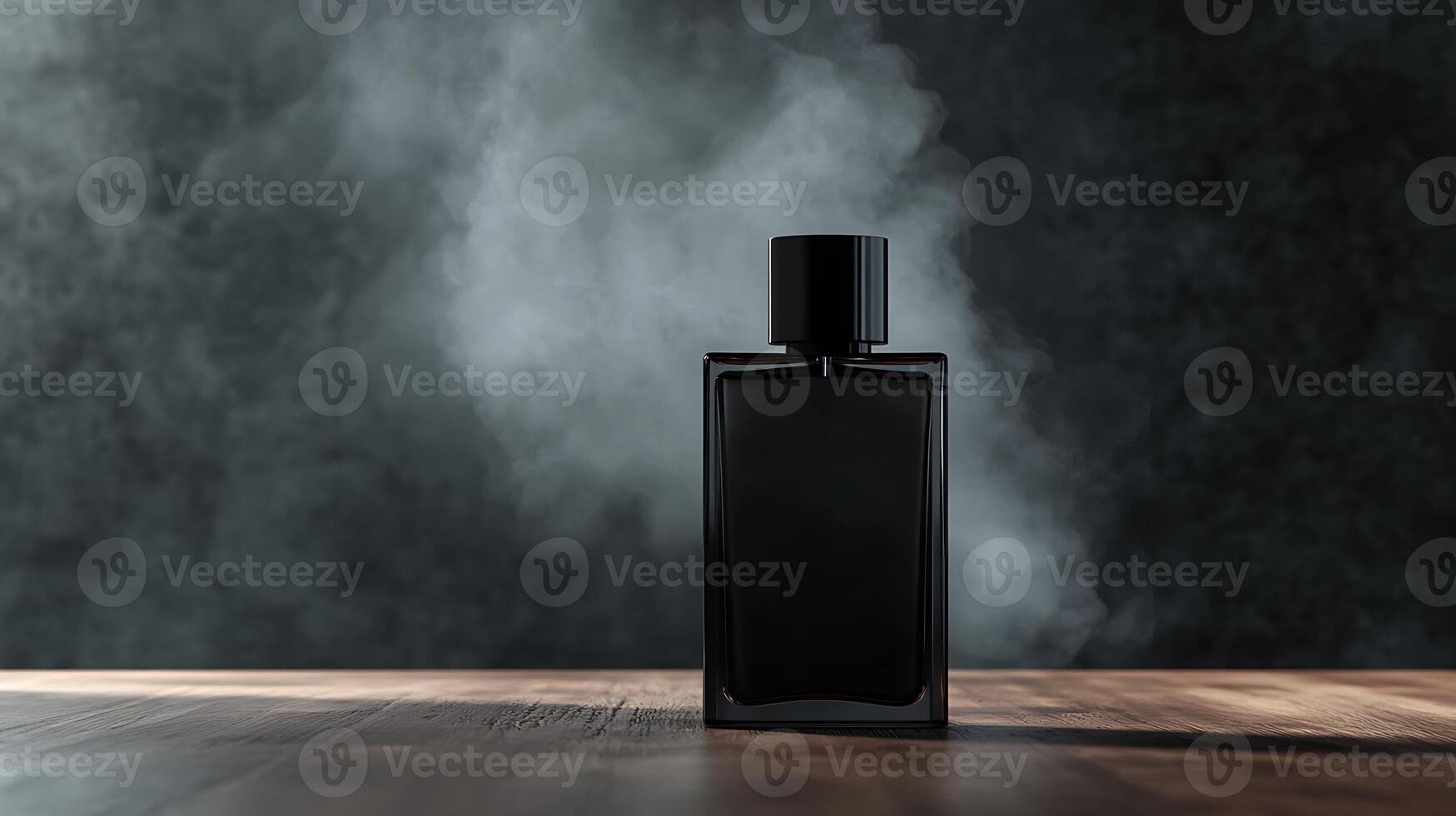A black bottle of perfume on a wooden surface with a smoky background. photo