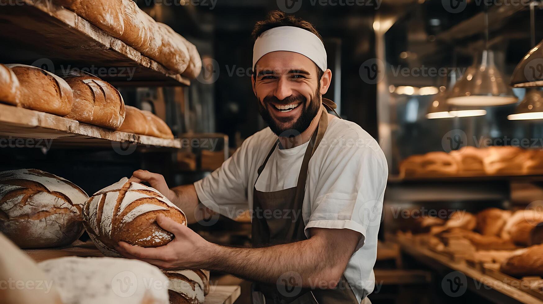 A baker smiles while holding a loaf of bread in a bakery. photo