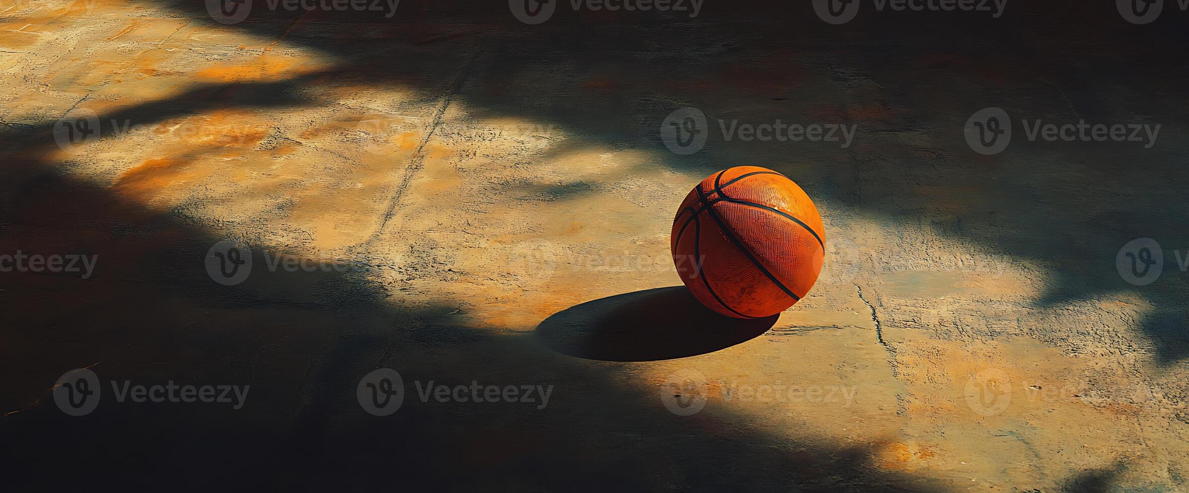 A basketball sits on a textured floor with shadows cast from the sun. photo