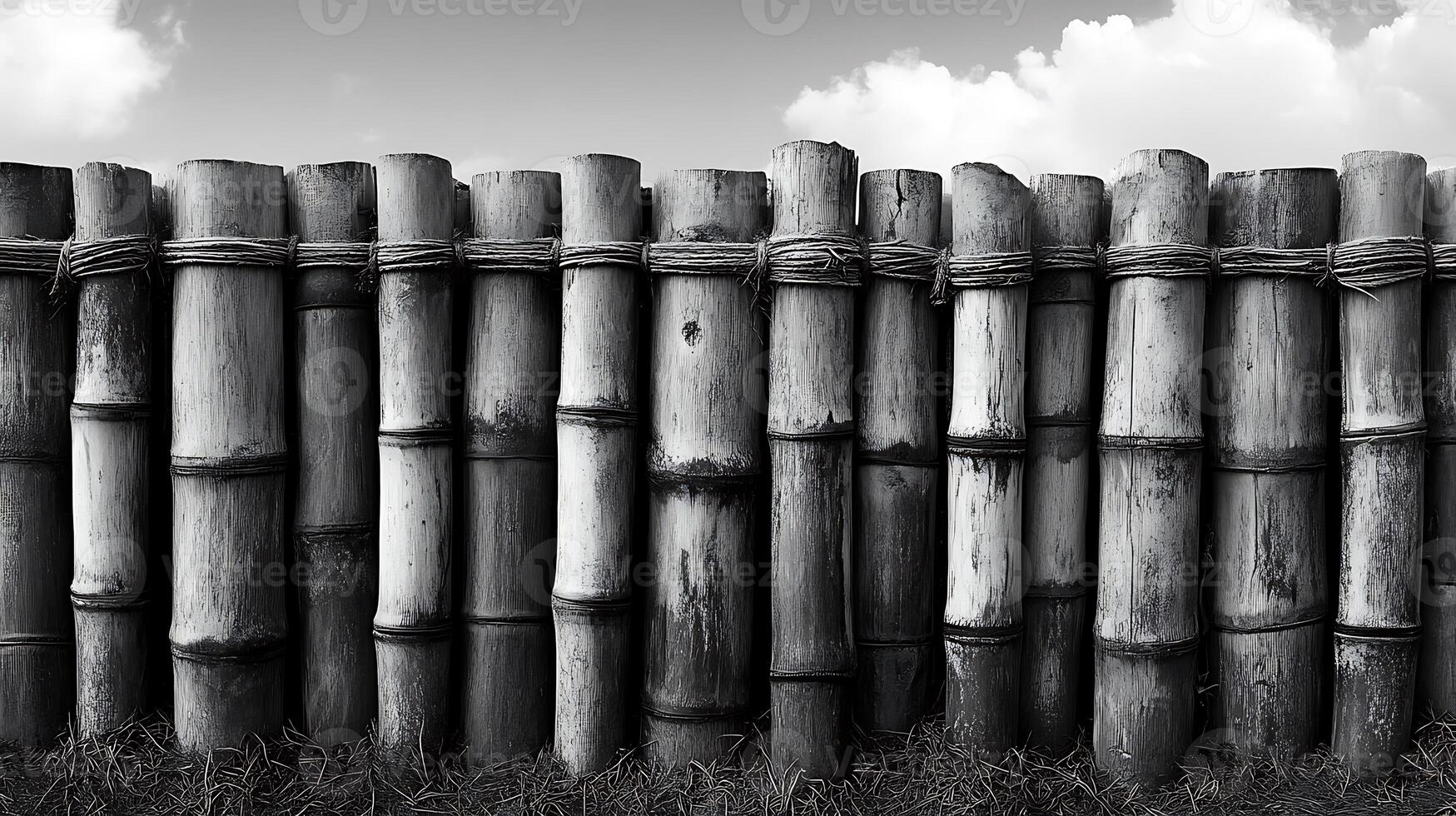 A black and white image of a rustic bamboo fence against a cloudy sky. photo