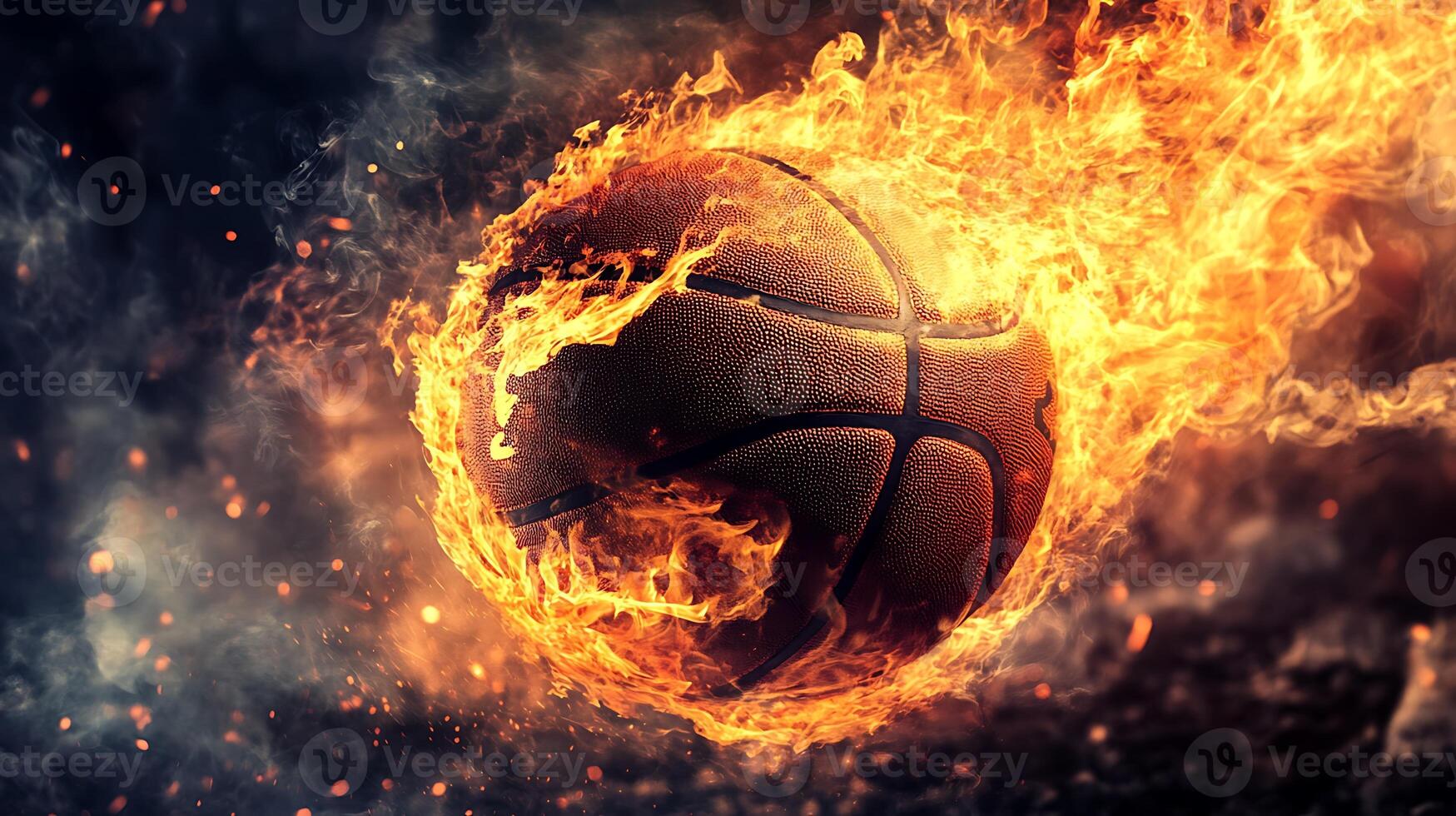 A basketball engulfed in flames with smoke and sparks in the background. photo