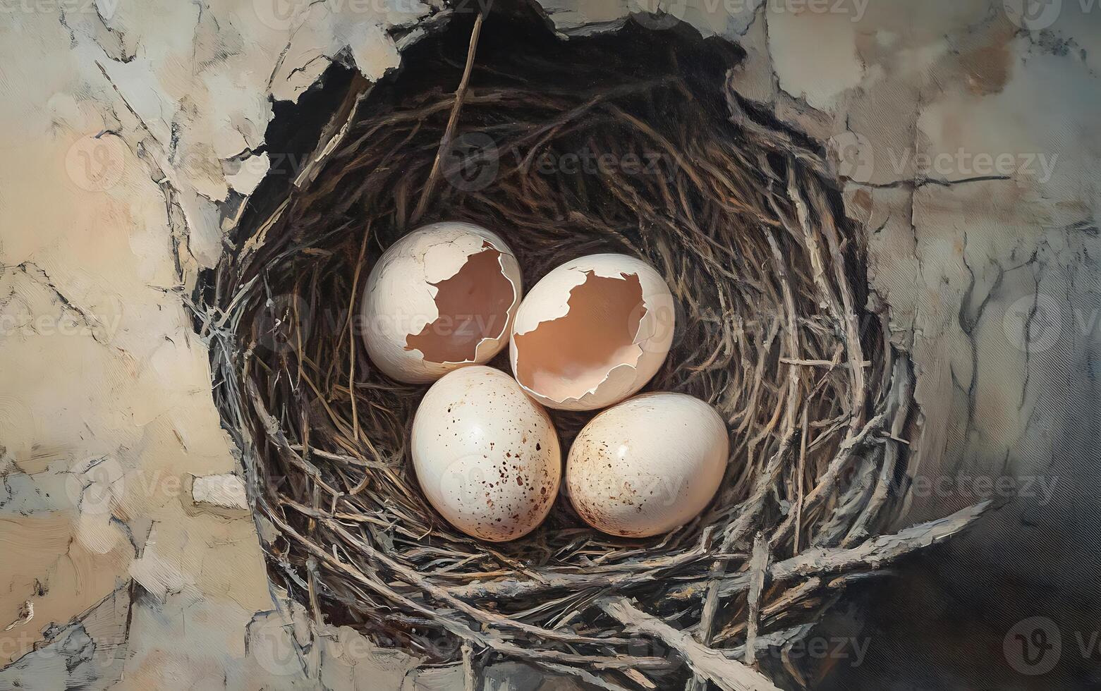 A bird's nest with four eggs, two of which are cracked open, revealing the brown interior. The nest is made of twigs and is nestled in a tree trunk. photo