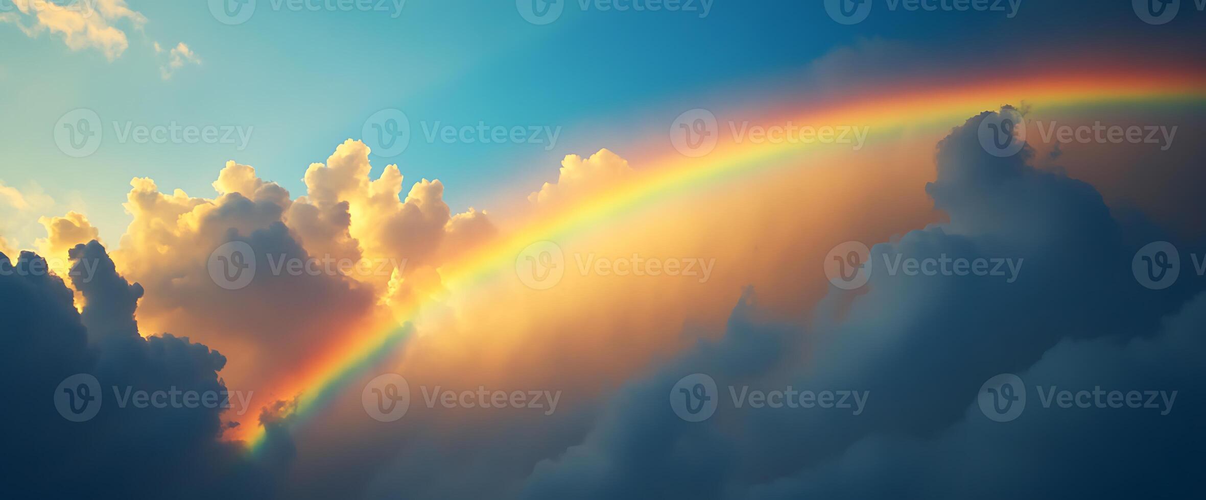 A beautiful rainbow arching through the clouds in a stunning sky. photo