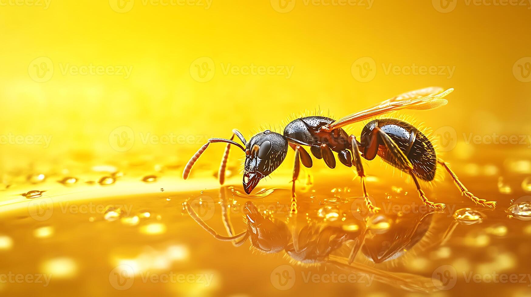 A black ant drinks honey from a golden surface. photo