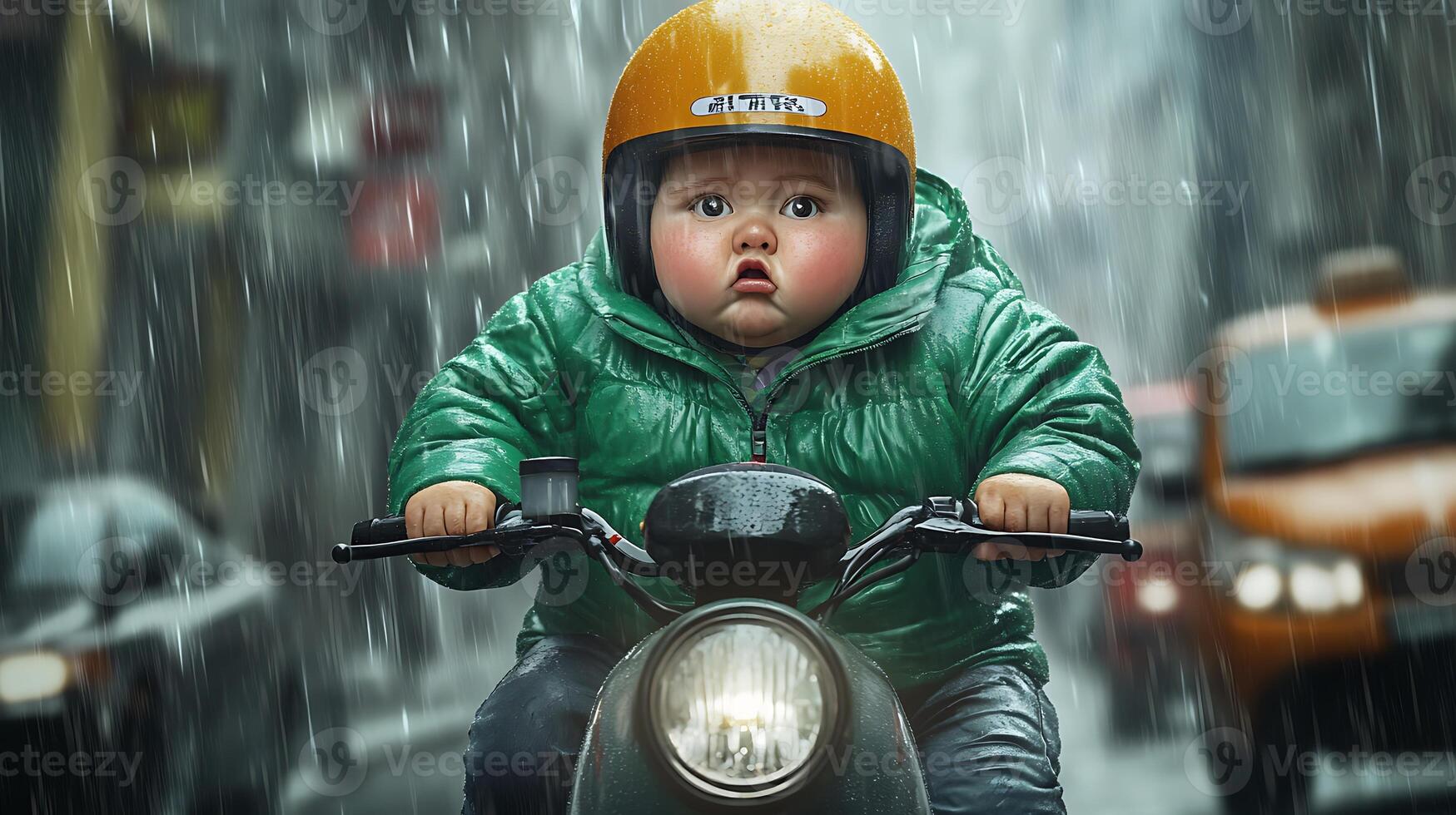 A baby in a yellow helmet and green jacket rides a motorcycle in the rain. photo