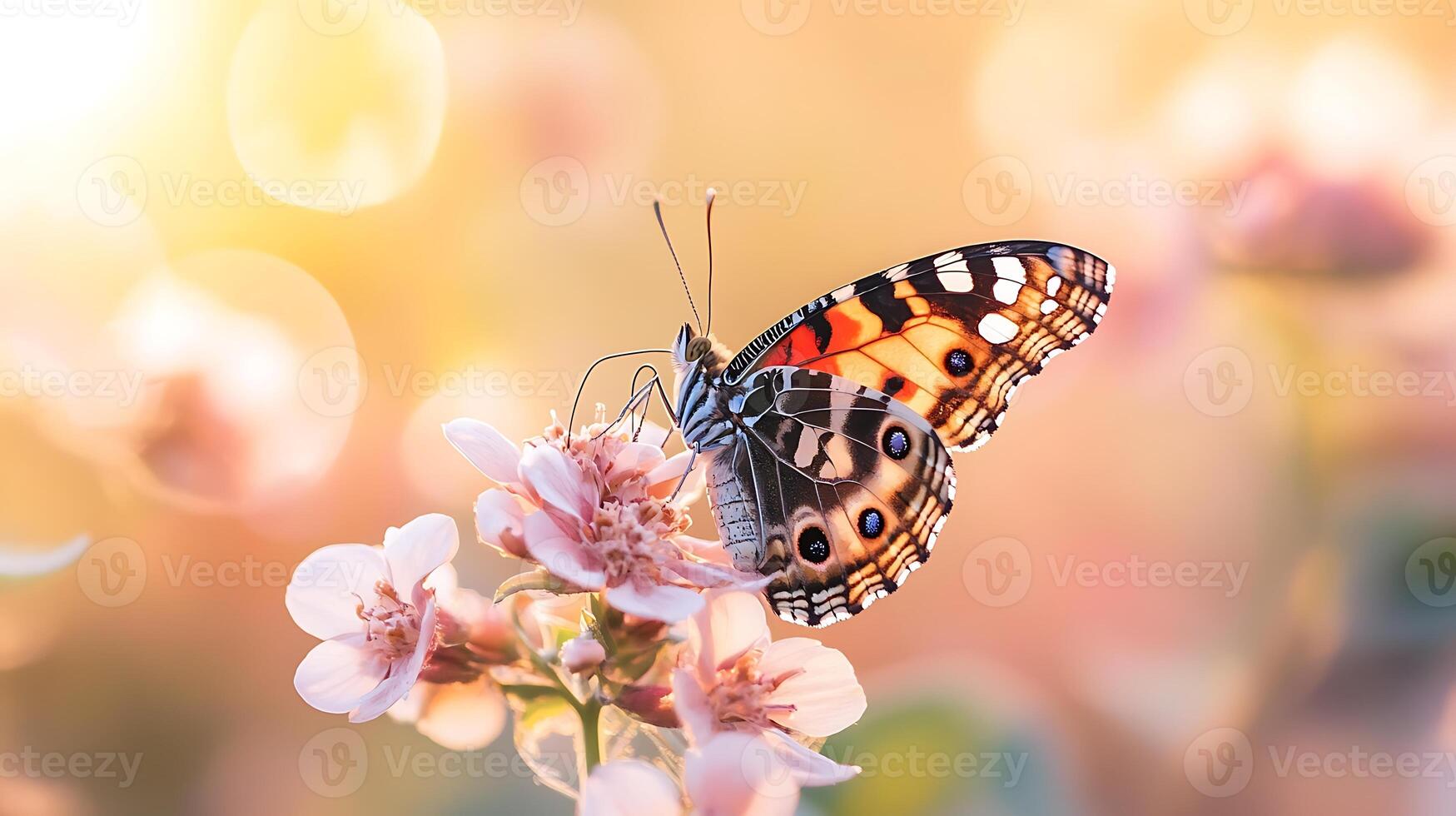 A beautiful butterfly with orange and black wings sits on a pink flower with a blurred background. photo