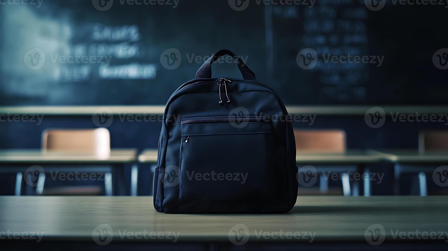 A black backpack sits on a wooden desk in an empty classroom with a chalkboard in the background. photo