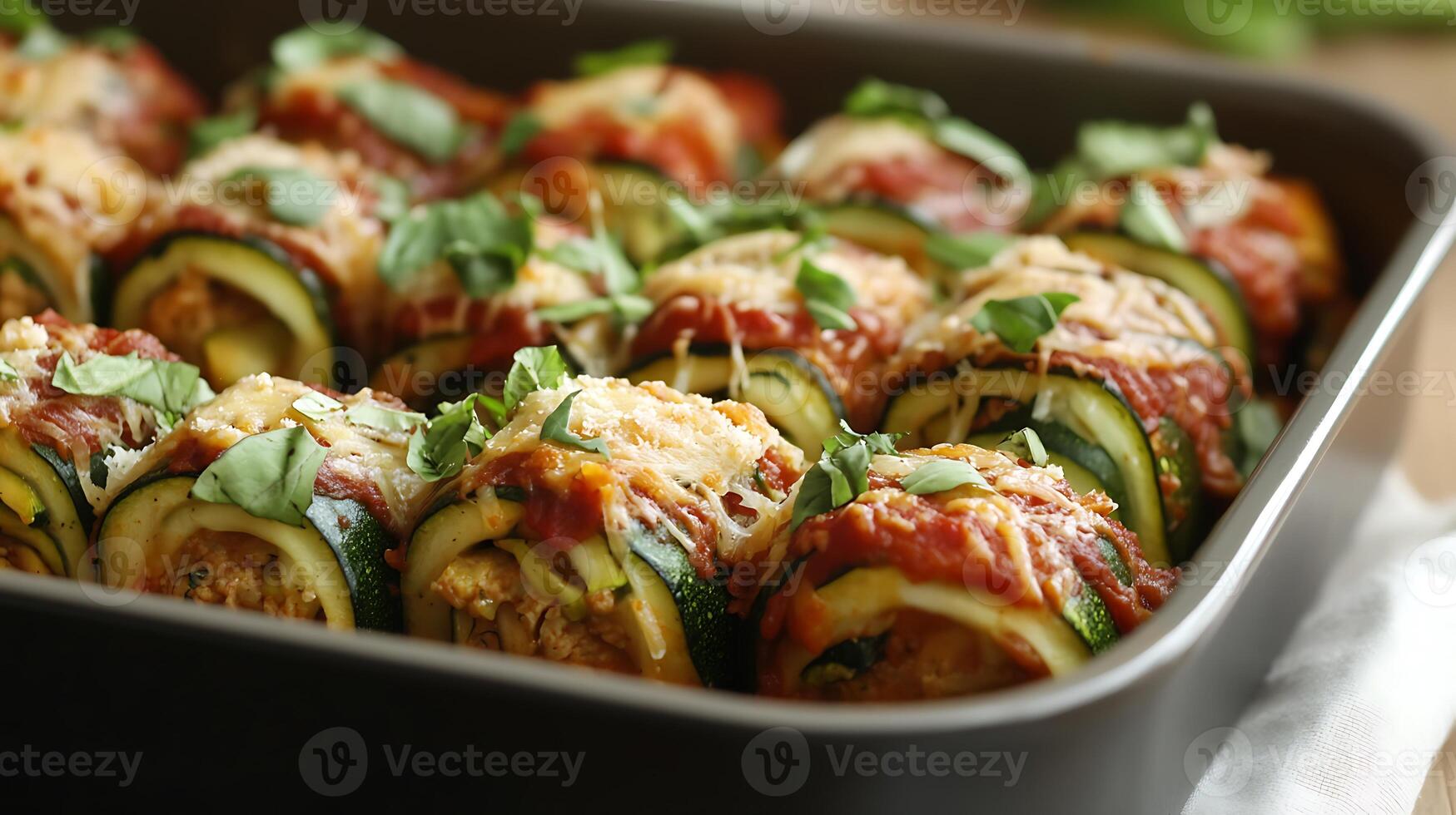 A baking dish filled with zucchini rolls topped with tomato sauce and mozzarella cheese, garnished with fresh basil leaves. photo