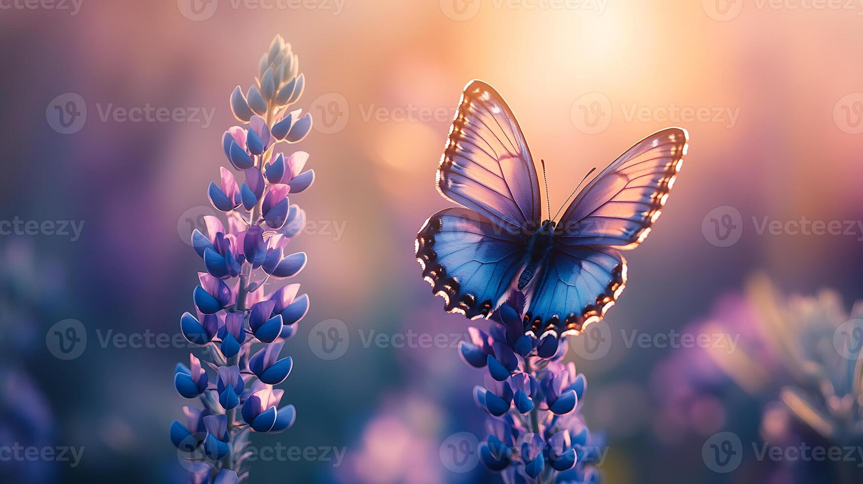 A beautiful blue butterfly with transparent wings perched on a purple flower, bathed in warm, golden light at sunset. photo