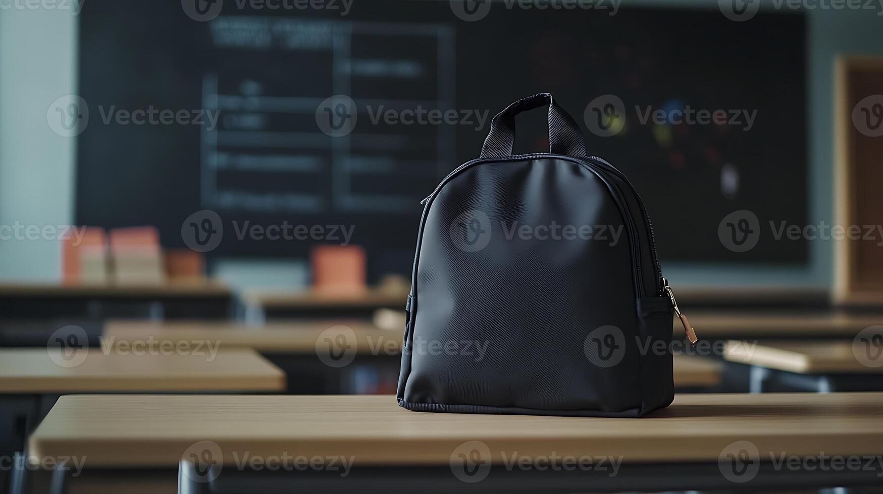 A black backpack sits on a wooden desk in an empty classroom. photo