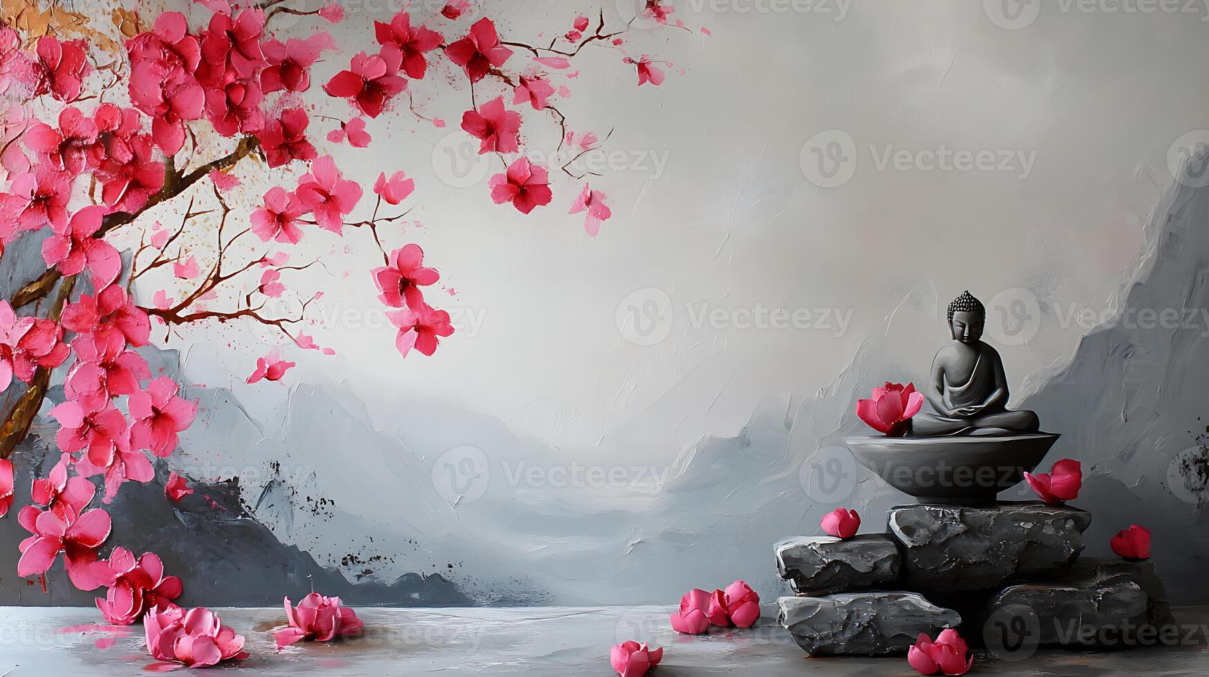 A black Buddha statue in a meditative pose sits atop a stone pedestal with pink flowers, set against a gray background with a painted floral branch. photo