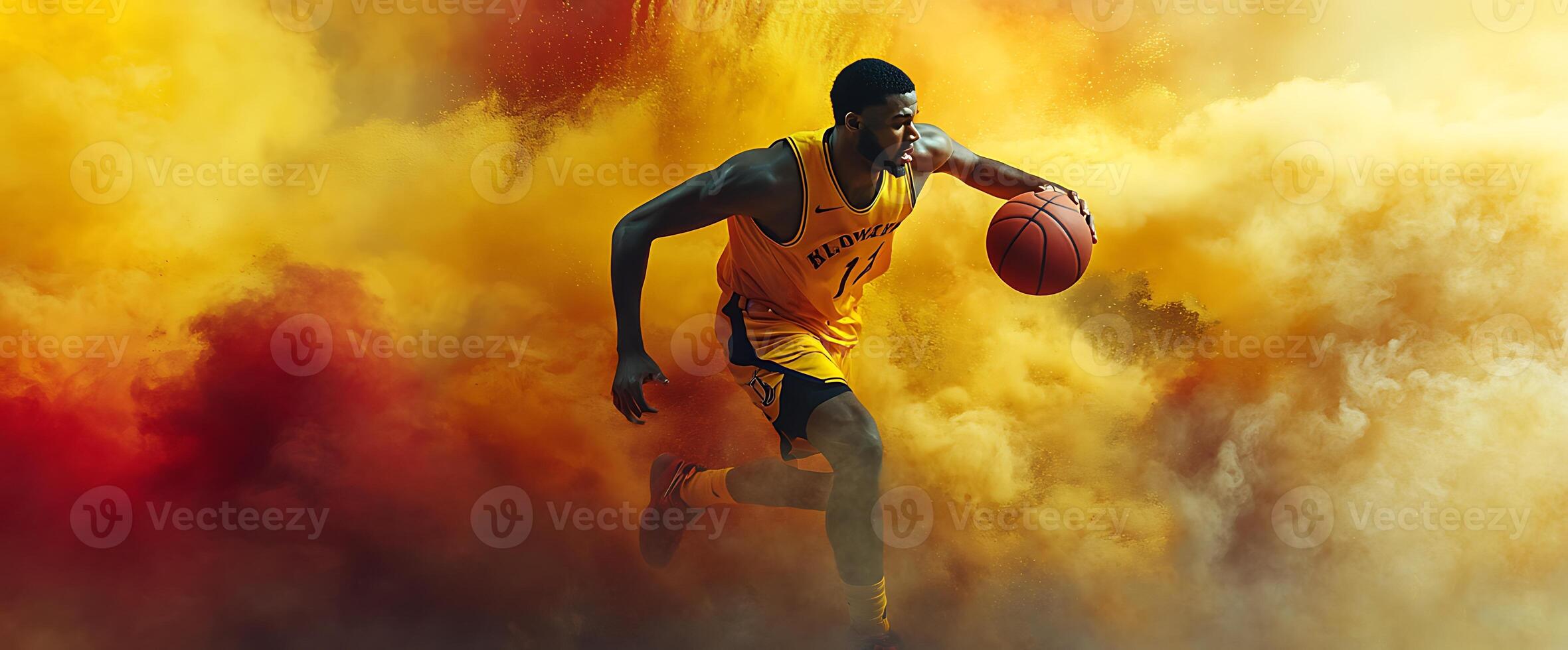 A basketball player in a yellow jersey runs through a cloud of orange and yellow powder. photo