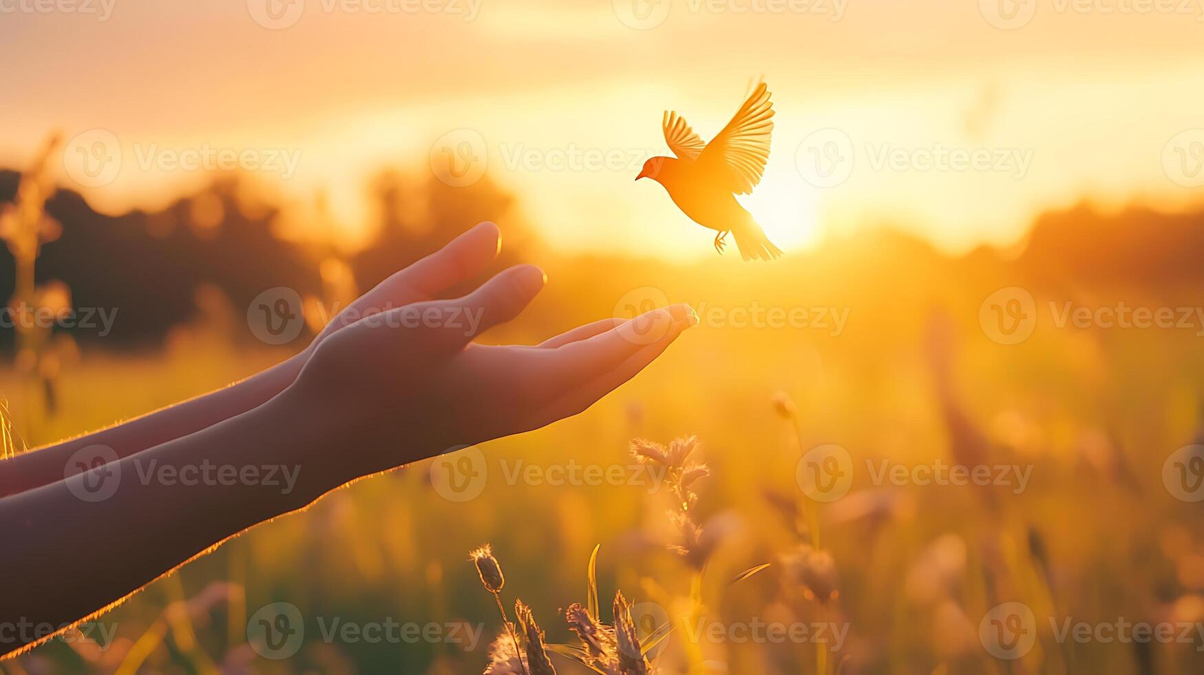A bird takes flight from an outstretched hand at sunset. photo