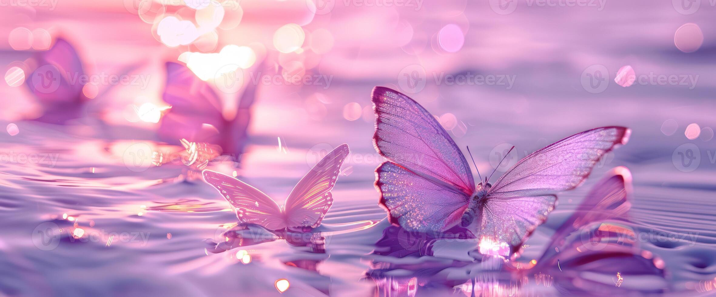 A beautiful purple butterfly on a pink water surface with bokeh lights. photo