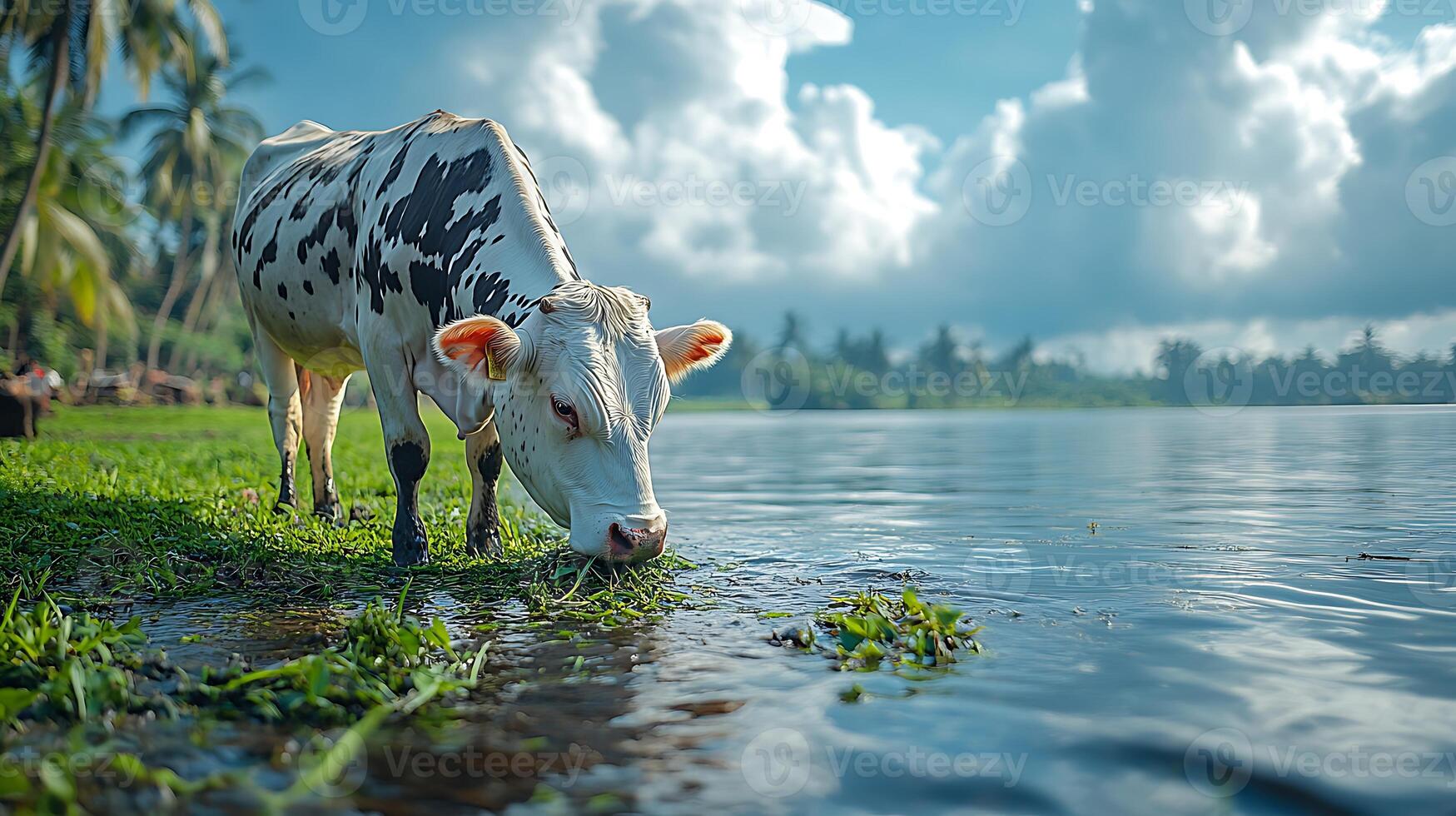 A black and white cow drinks from a clear lake. photo