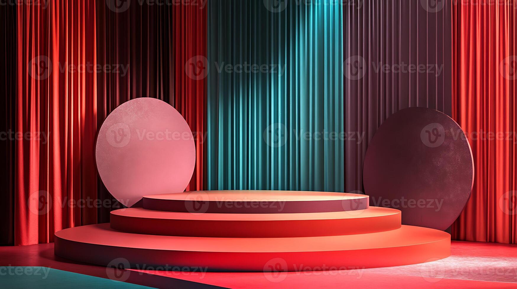 A 3D rendering of a red and blue podium against a red and blue curtain backdrop. photo