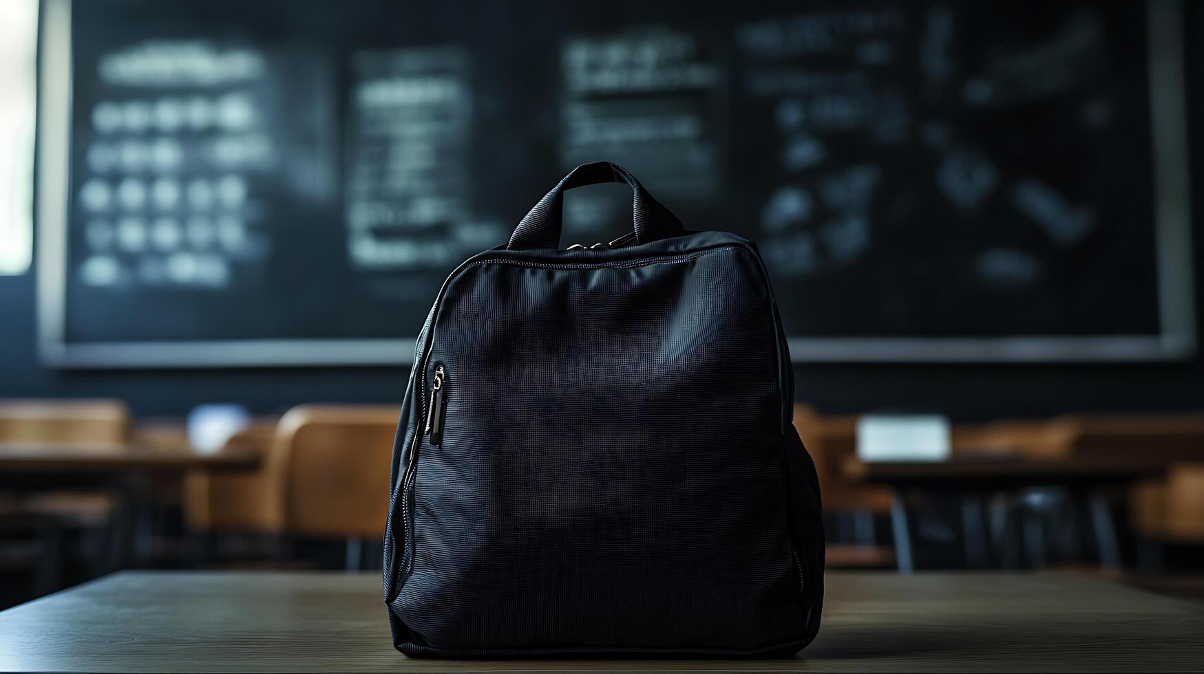 A black backpack sits on a wooden table in front of a chalkboard in a classroom. photo