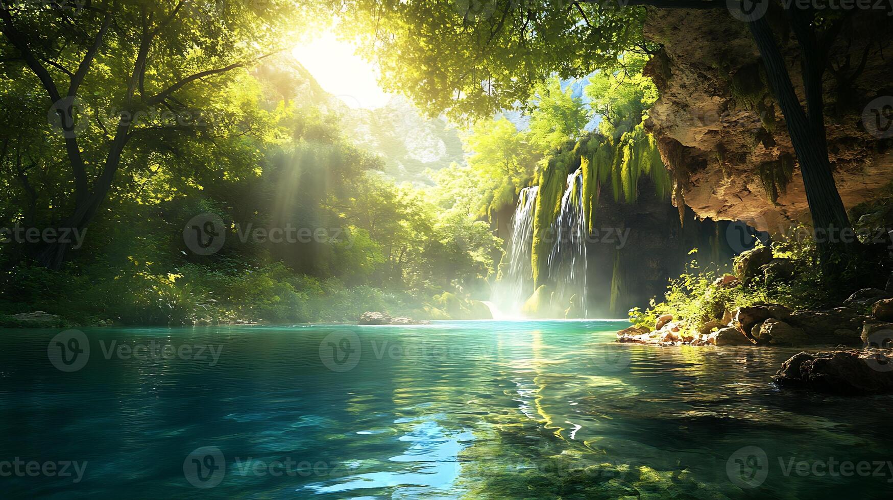 A beautiful waterfall cascades into a serene turquoise pool in a lush green jungle. Sunlight streams through the canopy, illuminating the mist rising from the water. photo