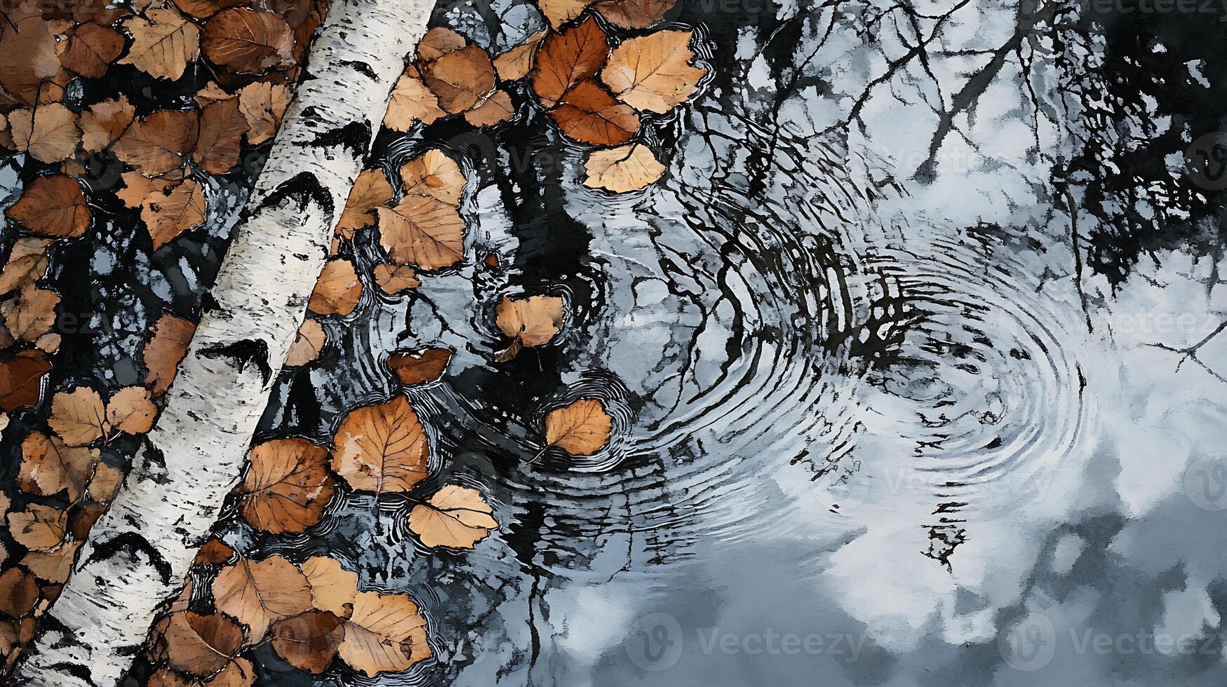 A birch tree trunk lies on the water with ripples and fallen leaves. photo