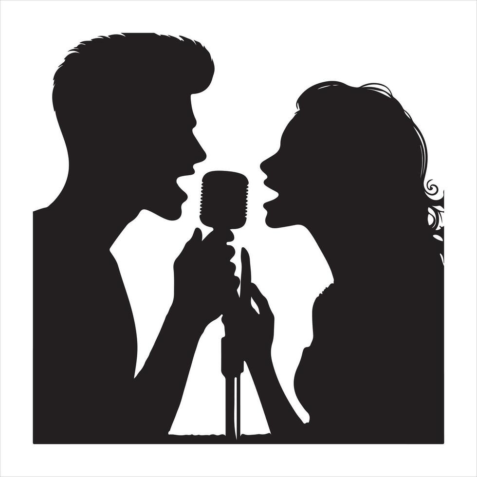 man and woman with microphone, concept art of voice and music, love and relationships silhouette on white background vector