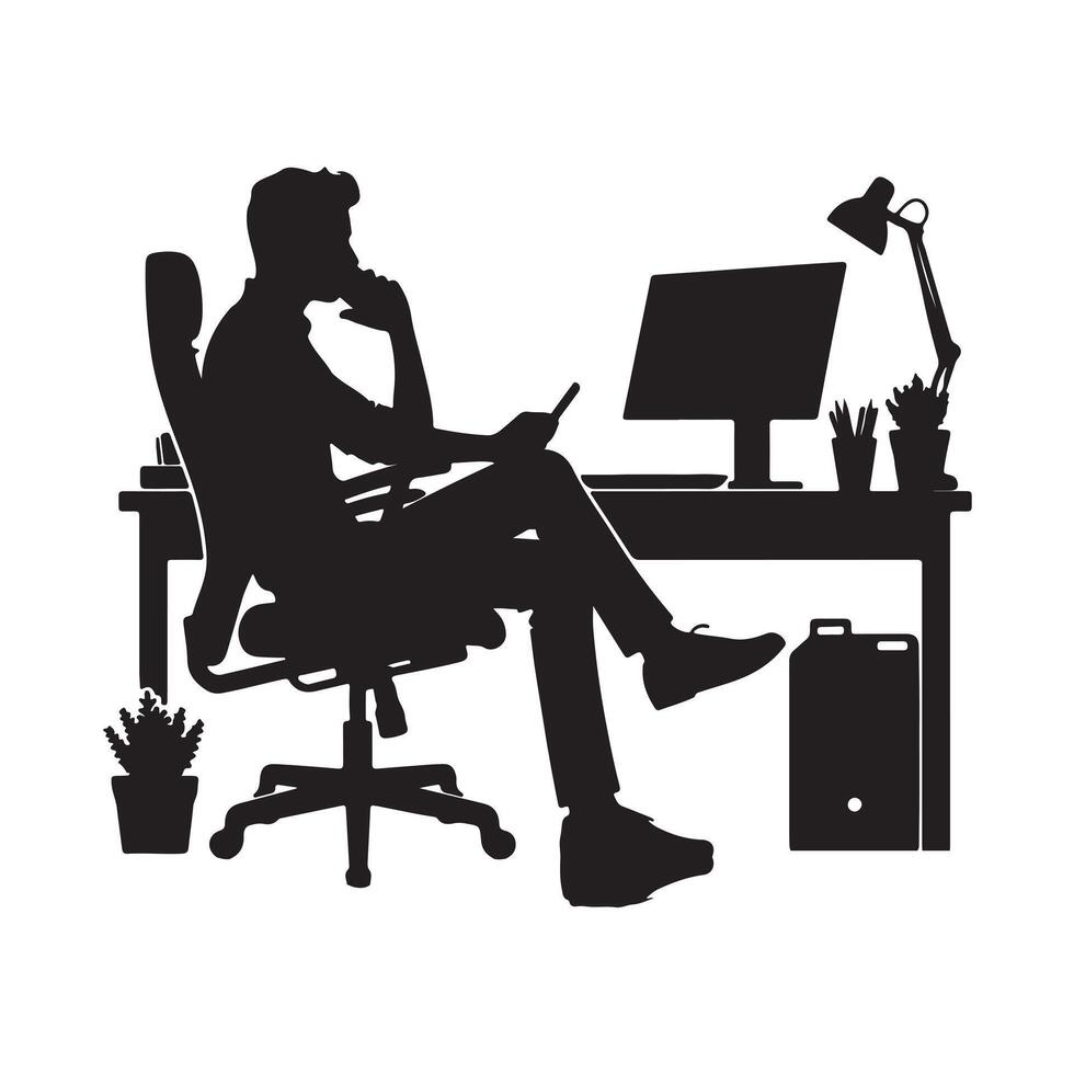 Man Sitting on An Office Chair and working on a computer with office table desk, office work, Work from home silhouette on white background vector